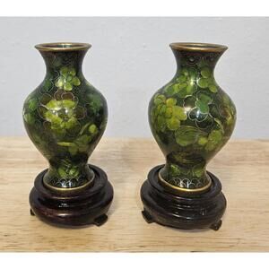 Vintage 3" Cloisonne Enamel Brass Floral Vases Green Gold Leave & Base Set Of 2